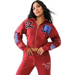 TRUE RELIGION Women’s Red CRYSTAL PATCH ZIP VARSITY CROPPED HOODIE | NEW/NWT!!